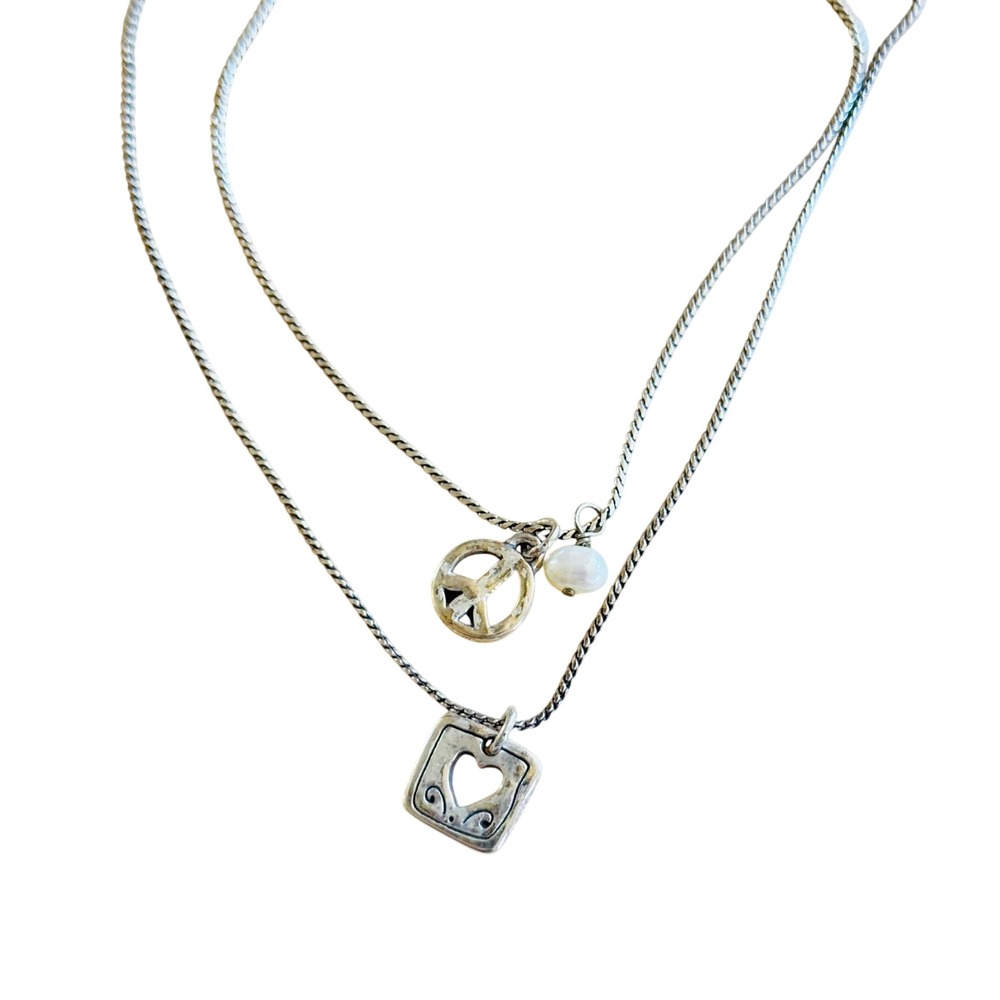 Brighton Gratitude Love Peace Necklace Pearl Double Strand Silver Plated 18"